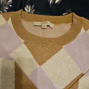 LOFT Argyle Crewneck Sweater in Brown, Cream & Light Lavender.